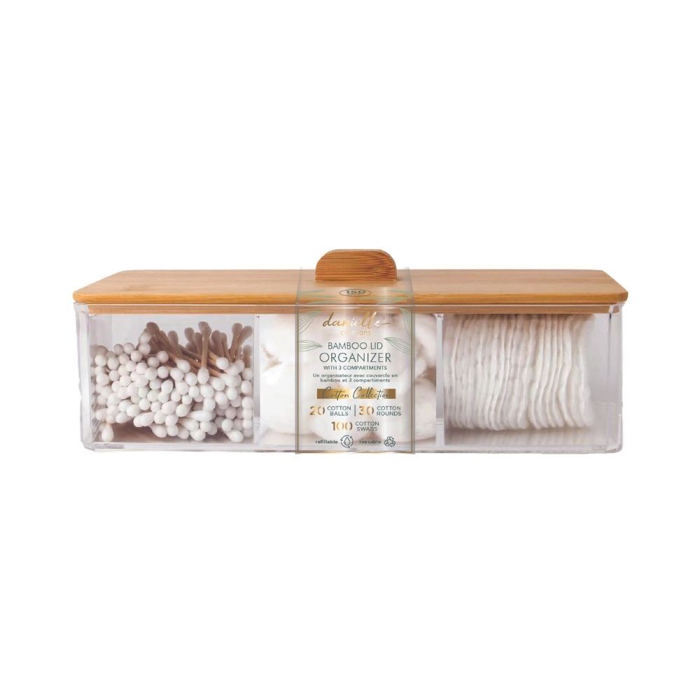 Bamboo Lid 3-Compartment Cotton Organizer (150-Count)